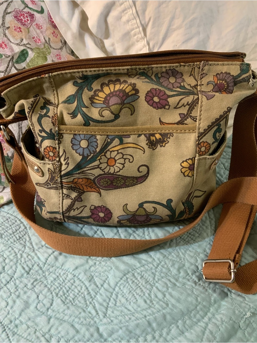 Fossil Beige Canvas Floral Crossbody with Brown Strap